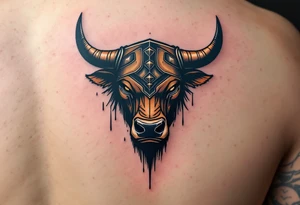 Gladiator Bull – Strong bull with armor helm over its forehead, fur in burnished bronze and dusty brown, and war paint streaked across the eyes. tattoo idea