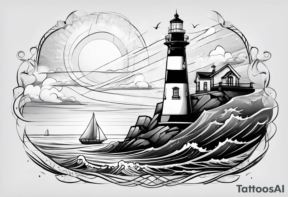 maritime lighthouse partially hidden by its  large fixed sails. tattoo idea