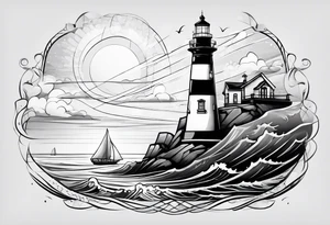 maritime lighthouse partially hidden by its  large fixed sails. tattoo idea