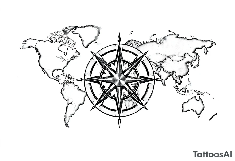 antique compass rose overlaid on weathered world map with sailing ships tattoo idea