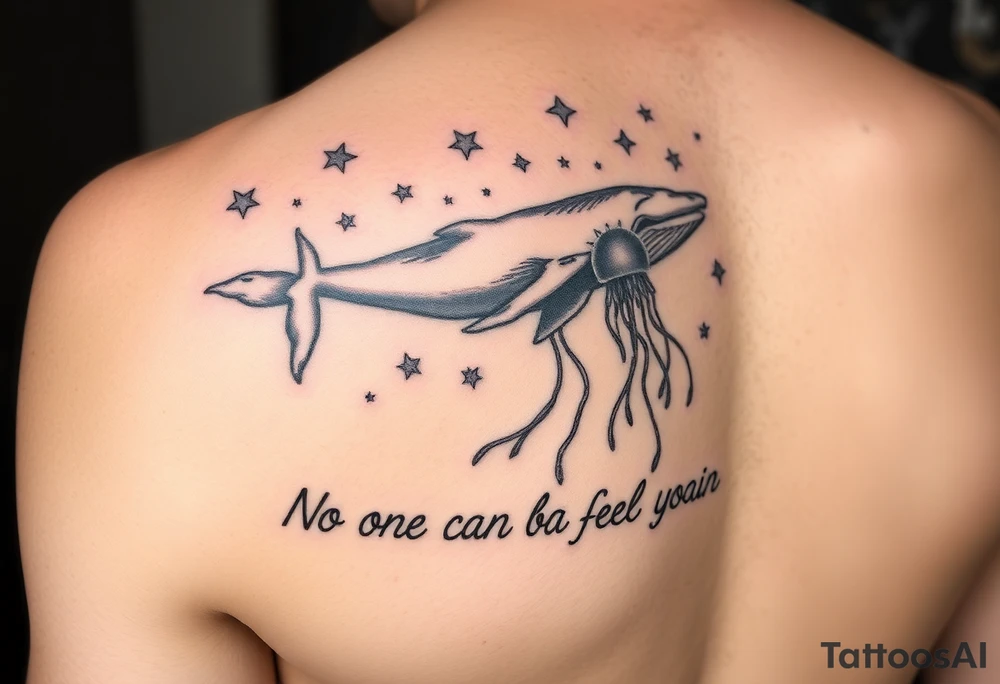 52hz Whale and jellyfish among the stars with the words No one can feel your pain 5x5 size tattoo idea