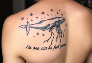 52hz Whale and jellyfish among the stars with the words No one can feel your pain 5x5 size tattoo idea