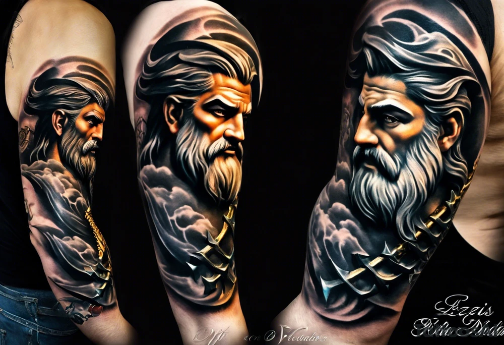 Full left arm tattoo sleeve with the Greek gods, Zeus, Poseidon and Hades. Zeus' face with a lightning bolt coming out of one eye is at the left shoulder, Poseidon's  face with a trident as one of his eyes is at the left upper arm and Hades' face with 
a bident as one of his eyes is at the left forearm. tattoo idea