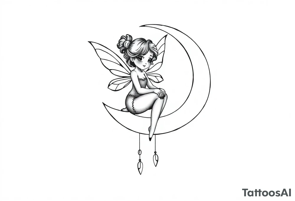 Solid black design. Fairy sitting on moon with dangles tattoo idea