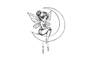 Solid black design. Fairy sitting on moon with dangles tattoo idea