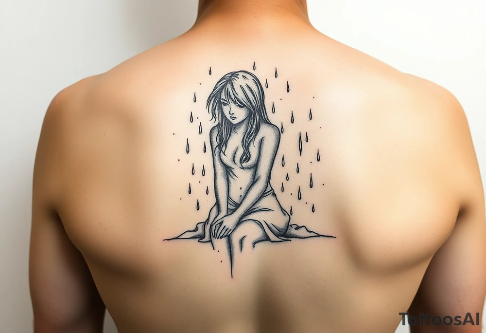 A girl sitting in the rain  letting the rain take her away as it pours as she’s fading tattoo idea