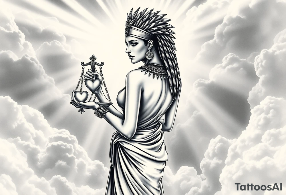 beautiful Egyptian goddess stands with her back slightly turned, accentuating her figure. Wearing a silk gown. She wears an elaborate ostrich feather headdress and ornate, intricate ancient Egyptian jewelry draped across her body. Her expression is mysterious and confident. In one hand, she holds the Scales of Justice: one side holds a radiant, glowing heart; the other, Ma’at’s feather. The scales themselves shimmer with an otherworldly light.
The background is a surreal, heavenly landscape filled with luminous clouds and beams of divine light piercing through, creating dramatic contrasts of deep shadows and highlights. The entire scene is bathed in an ethereal, mystical glow, with a dreamlike, almost supernatural atmosphere. tattoo idea