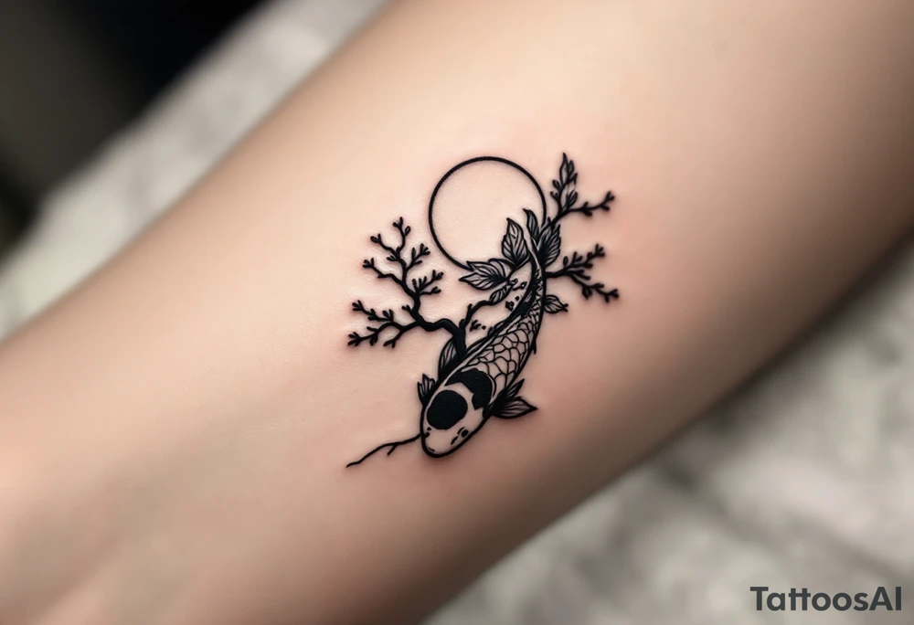 sakura tree, a moon, a koi fish with line wor tattoo idea