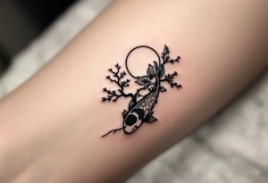 sakura tree, a moon, a koi fish with line wor tattoo idea