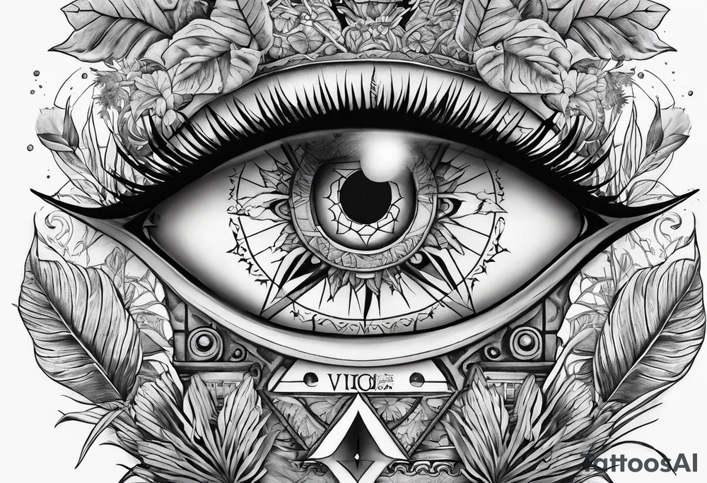 sleeve tattoo with jungle plants, Viking compass, all-seeing eye tattoo idea