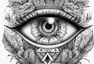 sleeve tattoo with jungle plants, Viking compass, all-seeing eye tattoo idea