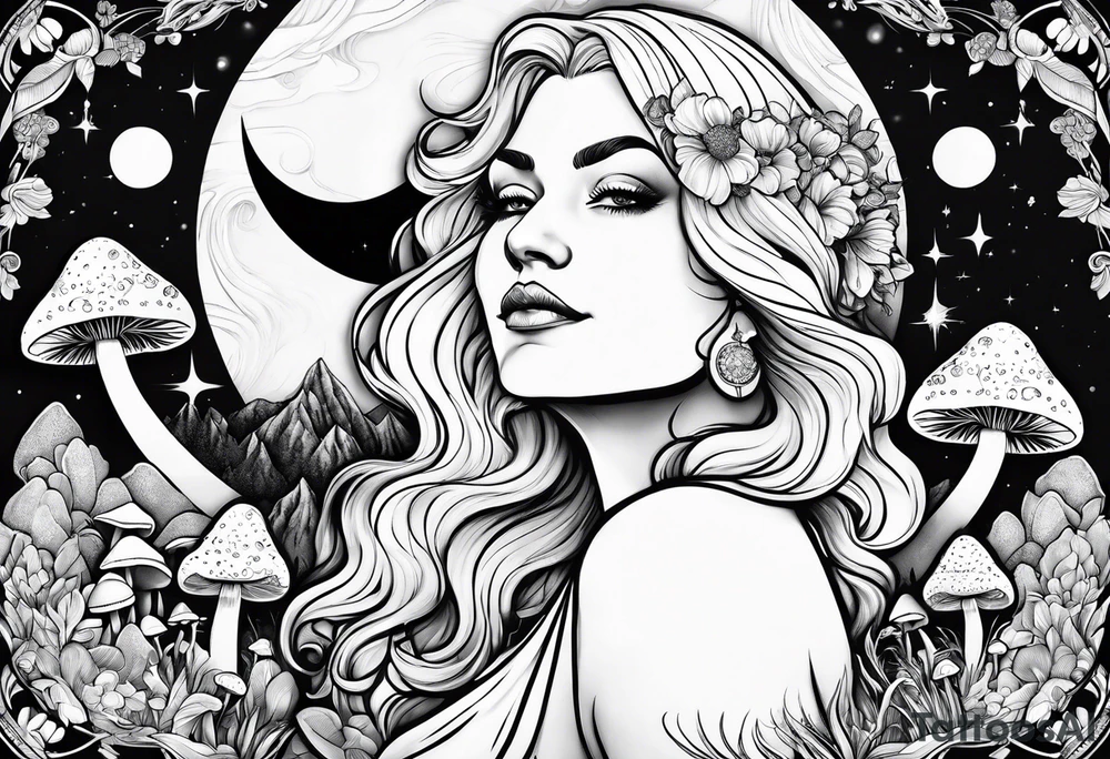 Older blonde fat woman no makeup surrounded by mushrooms mountains crescent moon background tattoo idea