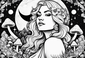 Older blonde fat woman no makeup surrounded by mushrooms mountains crescent moon background tattoo idea