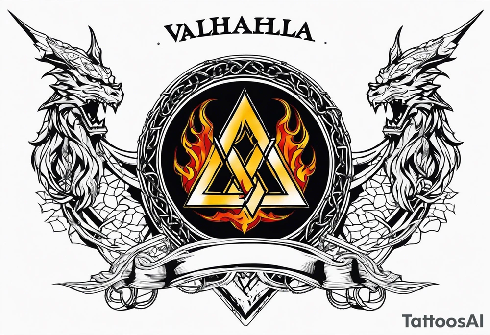 Valhalla sword shield dragon axe barbed wire chains valknut fire tattoo idea Valhalla sword shield dragon axe barbed wire chains valknut fire tattoo idea