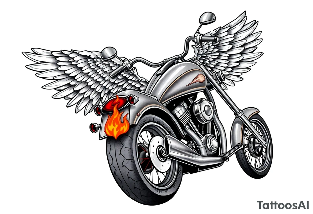 Low rider grey motorcycle, big muffler pipes with flames, angel wings, driving away, no person tattoo idea