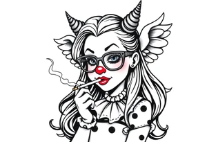 beautiful long hair pin up Clown Girl pays thug eyeglasses  angelic wings smoking a cigarette tattoo idea