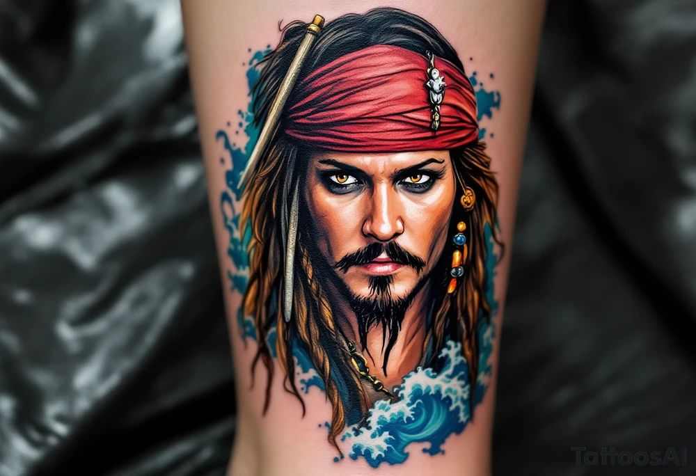 A detailed portrait of Jack Sparrow’s face, with his signature braided beard and beads, surrounded by a backdrop of swirling ocean waves in shades of deep blue and turquoise, creating a sense of adventure. tattoo idea