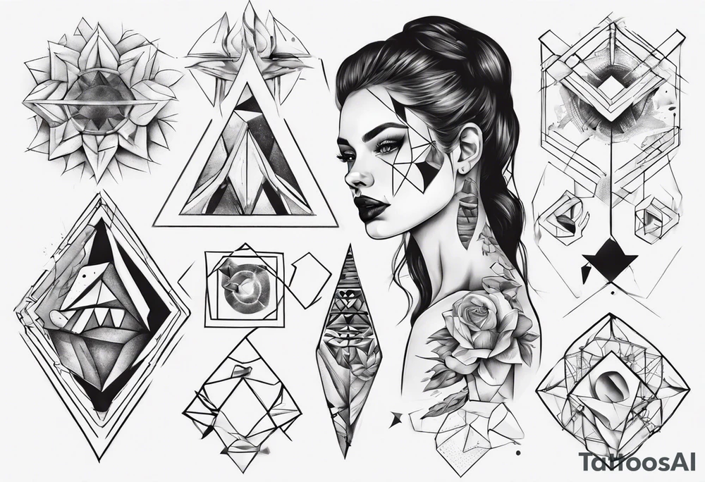 beautiful woman mixed with geometric objects tattoo idea