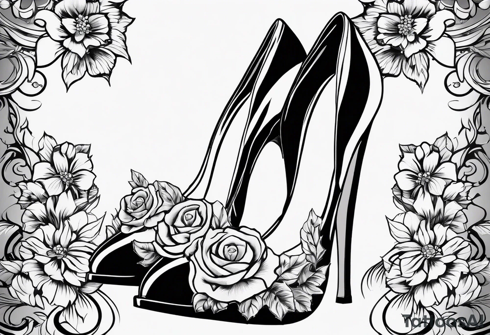 1950s pinup pumps with flowers, pearl necklaces, bows, and lace tattoo idea