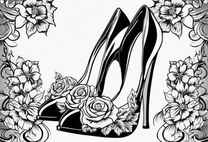 1950s pinup pumps with flowers, pearl necklaces, bows, and lace tattoo idea