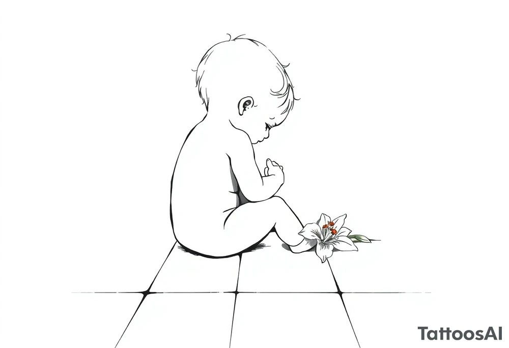 A simple tile floor with a minimalist outline of a curled up child sitting on the floor with a lily next to her tattoo idea