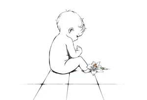 A simple tile floor with a minimalist outline of a curled up child sitting on the floor with a lily next to her tattoo idea