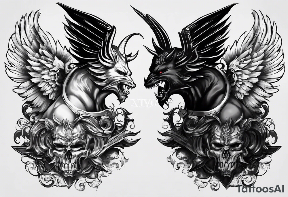 Good vs evil chest piece. On the left side it would be two devils, and on the right there would be two angels. Both sides are in battle, one of the angels has a gun aimed at the devil, while the other angel has a face mask. tattoo idea
