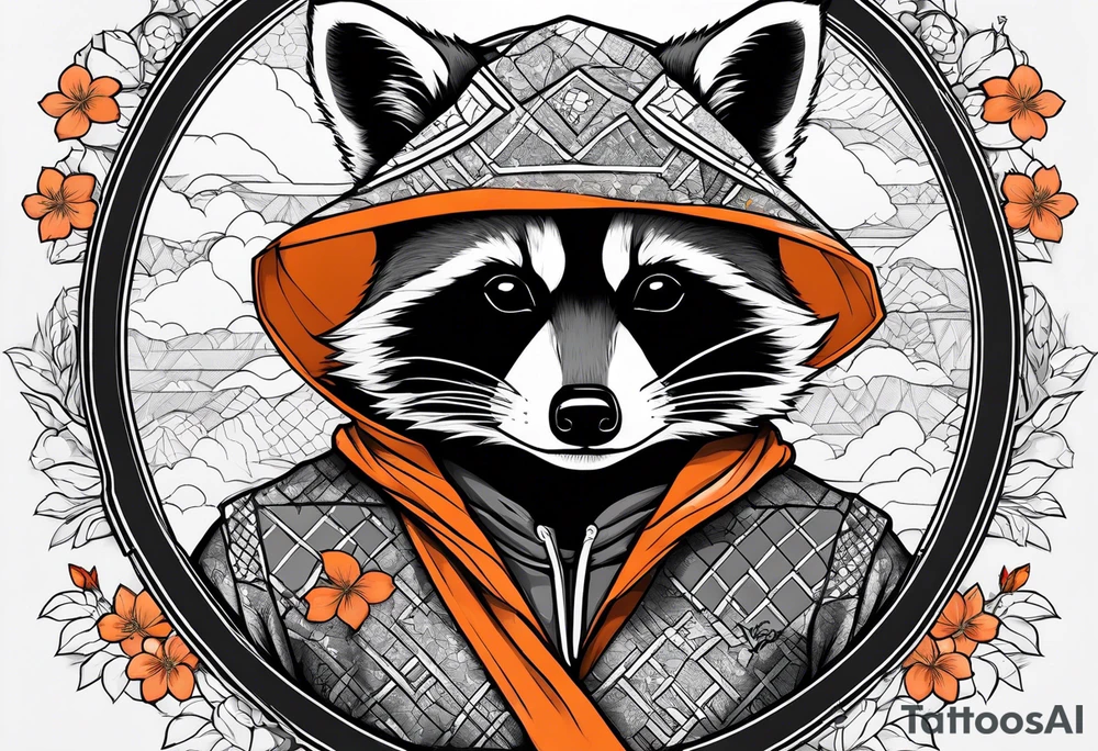 raccoon wearing a Superman hoodie with orange Japanese cherry blossoms tattoo idea