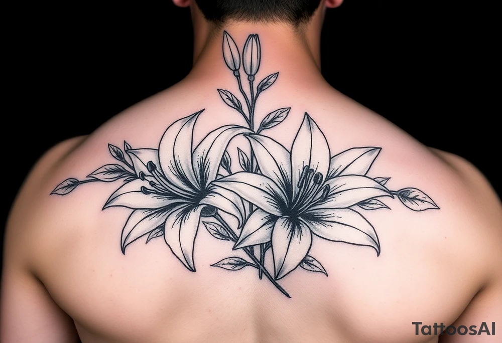 lillies, realistic, black and white, sleeve tattoo idea