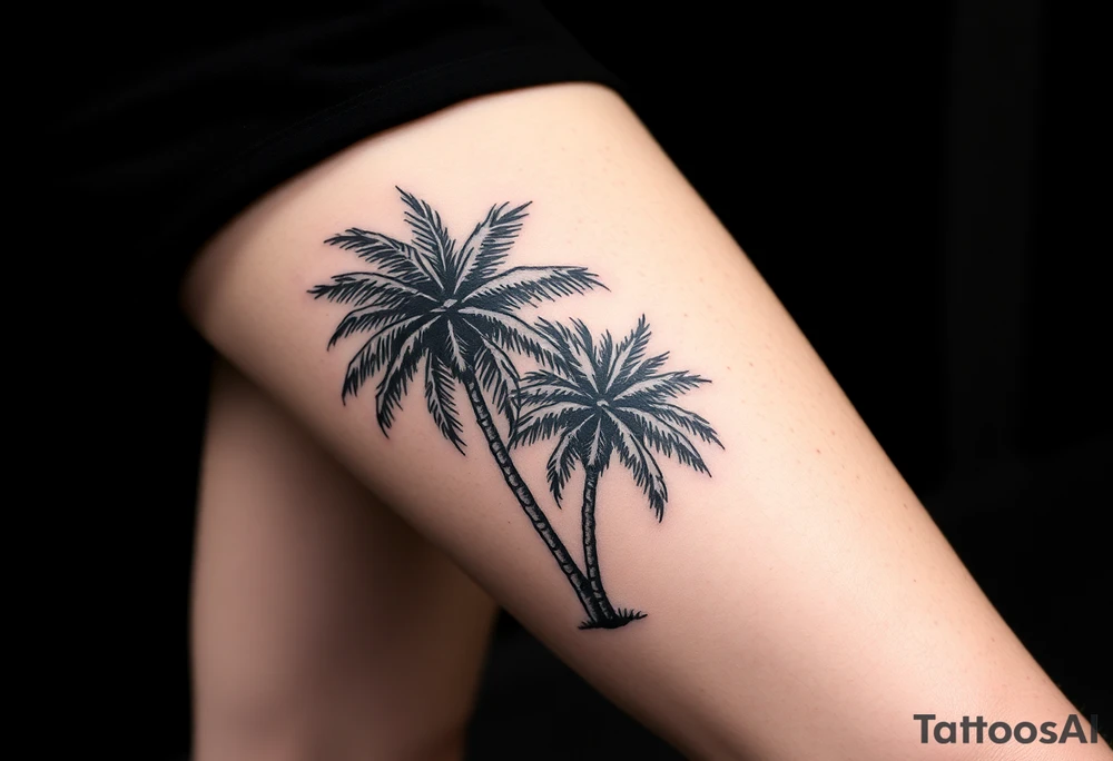 stamp tattoos, palm trees, beach vibe, leg tattoo idea
