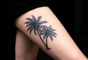 stamp tattoos, palm trees, beach vibe, leg tattoo idea