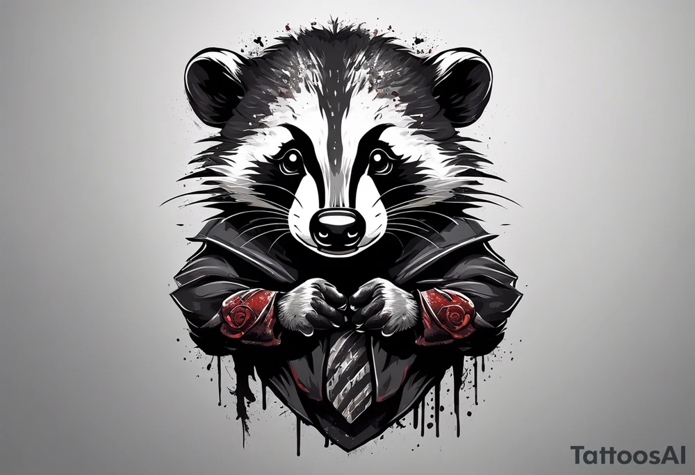 Draw me psychopath Badger/Warrior with aggressive full body, killer face with a smile, very long nails and he attacks like a Bloody Warrior to us and also, he has very deadly looking. He fights with his nails. Everybody scares after their first sight. Give me horror type Badger Tattoo. I want to see his full body. tattoo idea