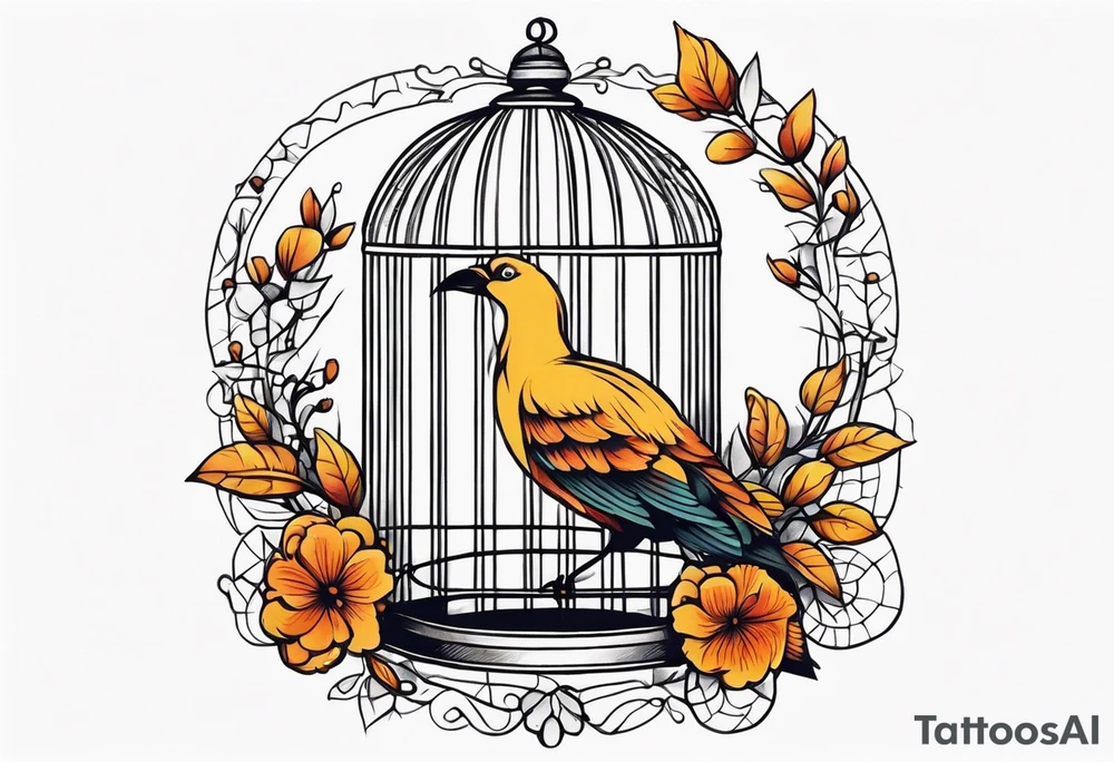 neo traditional decoration only on the left side, on the top of a long bird cage with a too big bird in it tattoo idea