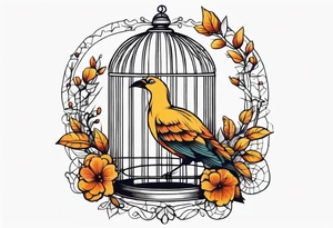 neo traditional decoration only on the left side, on the top of a long bird cage with a too big bird in it tattoo idea