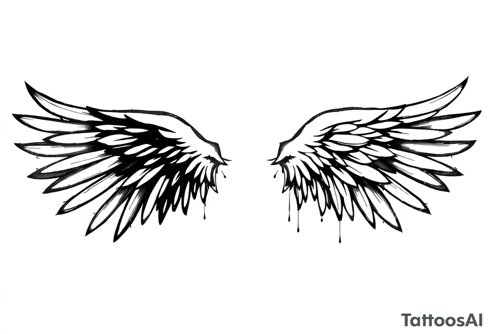 the wings go up

This tattoo design features a pair symmetrical angel wings drawn in black ink with a rough, sketch-like style. The left wing is darker, more defined, and appears denser, while the right wing is lighter, more delicate, and fragmented, creating a contrast between the two. The feathers are sharp and irregular, with fine lines and stray strokes extending outward, adding a raw and artistic feel. The overall look is dynamic and slightly chaotic, giving the impression of movement or an unfinished, ethereal form. This design symbolizes duality, freedom, transformation, or even struggle, making it a meaningful and visually striking tattoo. tattoo idea