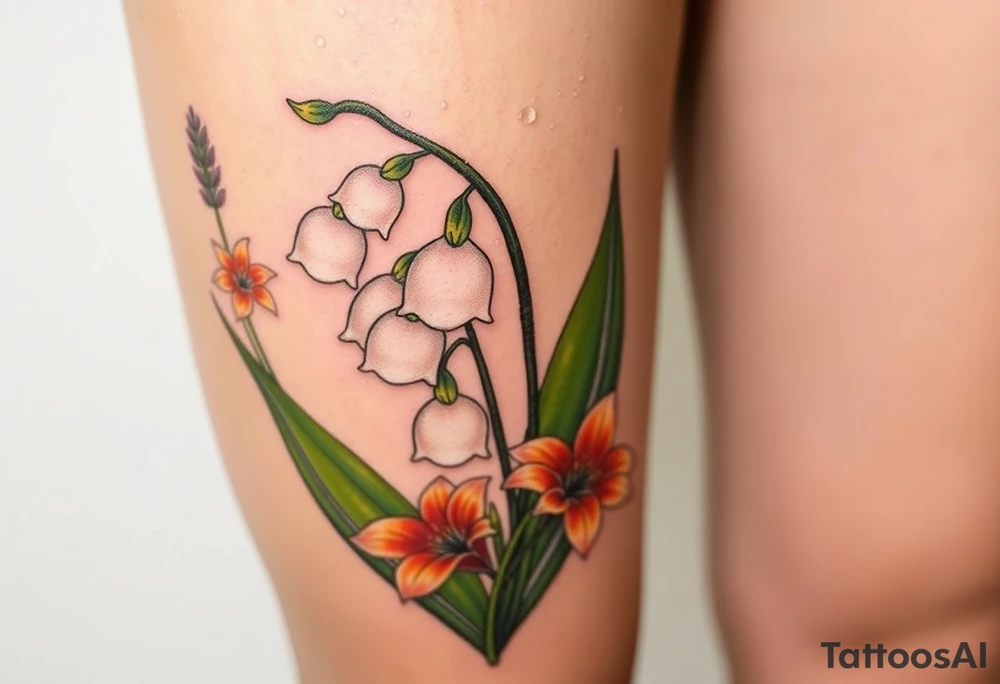 White lily in the valley bells with other different colored lilies surrounding tattoo idea