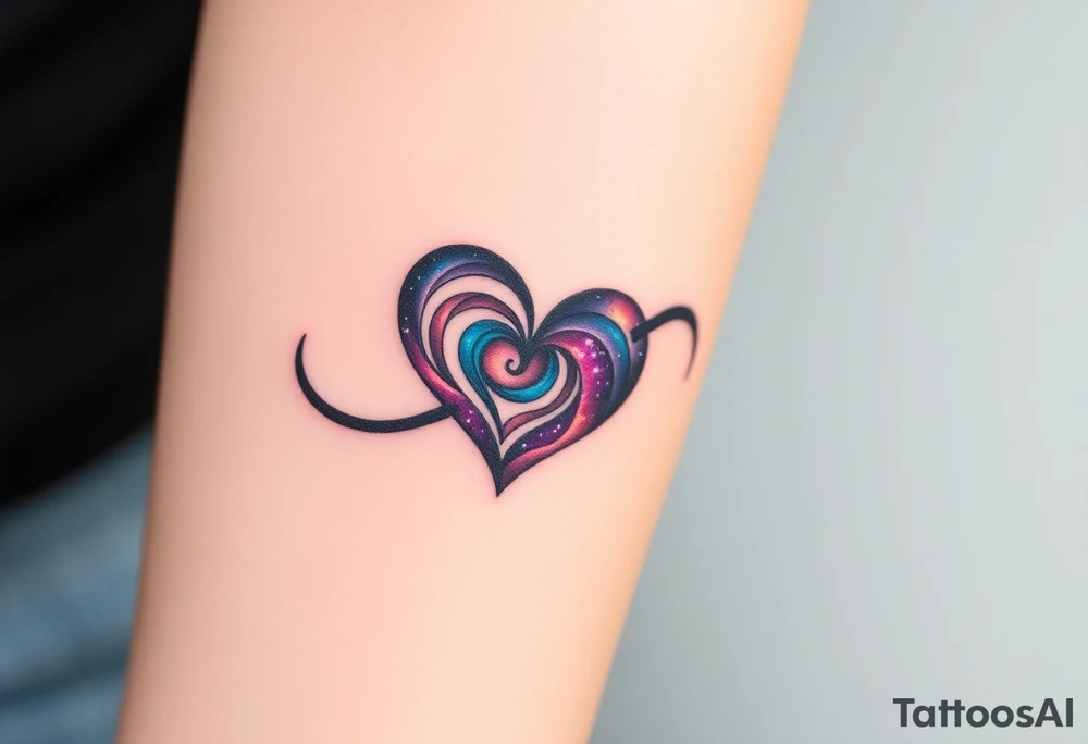 Fully depicted infinity symbol with a heart made of swirling galaxy patterns, tattoo idea