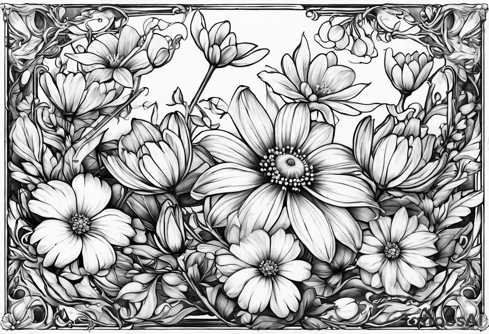 Honeysuckle, daisys,cosmos,and snowdrop sleeve tattoo tattoo idea