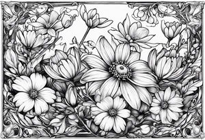 Honeysuckle, daisys,cosmos,and snowdrop sleeve tattoo tattoo idea