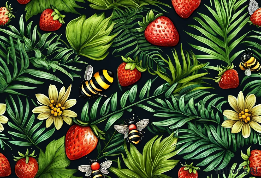 a delicate coloured realistic forest floor inspired tattoo, which must include: grass, ferns, small strawberries, a small flying bumblebee, dead leaves tattoo idea