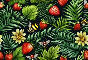 a delicate coloured realistic forest floor inspired tattoo, which must include: grass, ferns, small strawberries, a small flying bumblebee, dead leaves tattoo idea