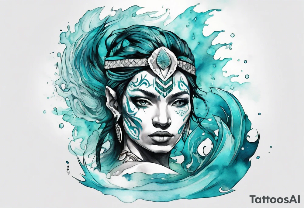a turquoise Na'vi woman standing in the sea surrounded by crashing waves tattoo idea