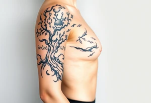 right arm sleeve, tree branch made of stone, clouds and lightning mixed throughout, tattoo idea