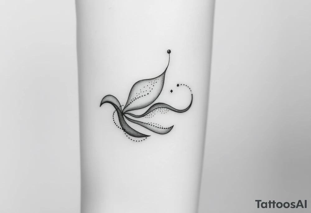 Black and gray fine line tattoo design, abstract and poetic. Fluid shapes intertwining like soft wind or smoke, symbolizing emotional healing, self-acceptance, and inner peace. The composition should suggest a feeling of breathing or gentle motion, representing self-love and reconnection with oneself. Include subtle light particles or fine dots to convey calmness and rebirth. The design should be clean yet expressive, delicate but full of symbolism — around 7–8 cm, ideal for an arm placement. No flowers, no butterflies, no human figures, no geometric patterns. Style: ethereal, dreamlike, minimalist surrealism. tattoo idea
