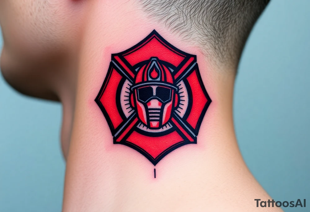 A bold red and black Maltese cross with a firefighter’s helmet in the center, representing bravery and duty tattoo idea