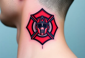 A bold red and black Maltese cross with a firefighter’s helmet in the center, representing bravery and duty tattoo idea