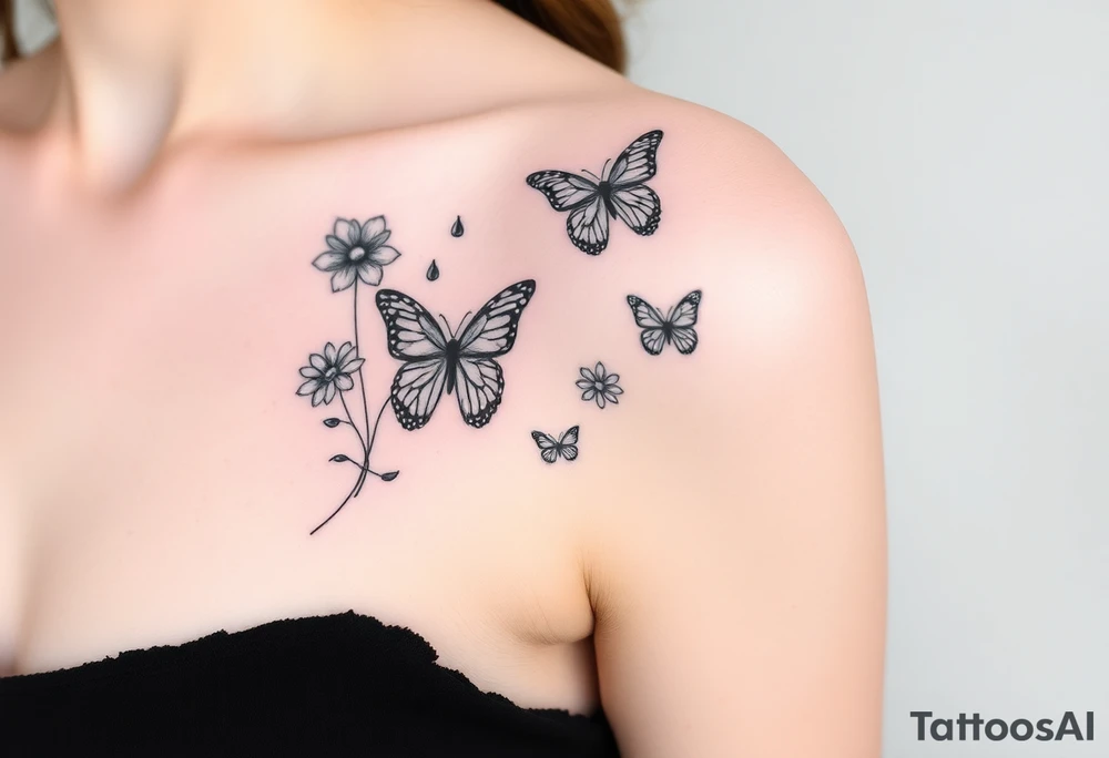 Show me an upper arm/shoulder/shoulder blade tattoo design with a birth flower for July, July, January, September, and 3 butterflies, and a raven and an eagle tattoo idea