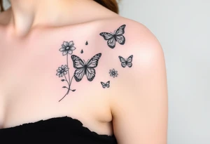 Show me an upper arm/shoulder/shoulder blade tattoo design with a birth flower for July, July, January, September, and 3 butterflies, and a raven and an eagle tattoo idea