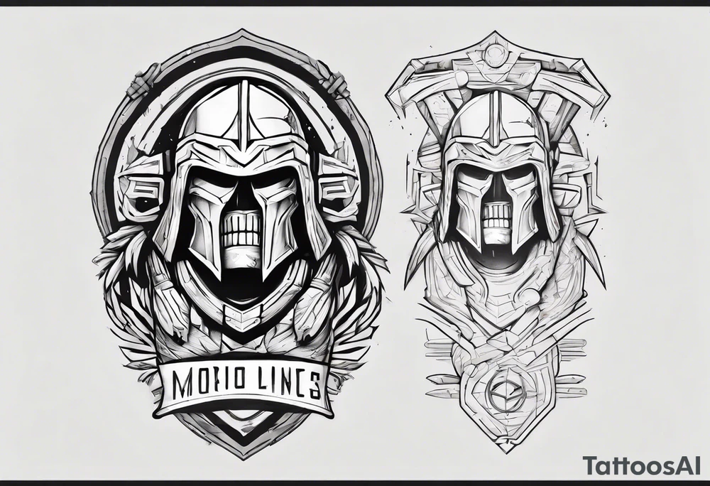 spartan soldier sleeve linework dine line linework containing words: "morior invictus" tattoo idea