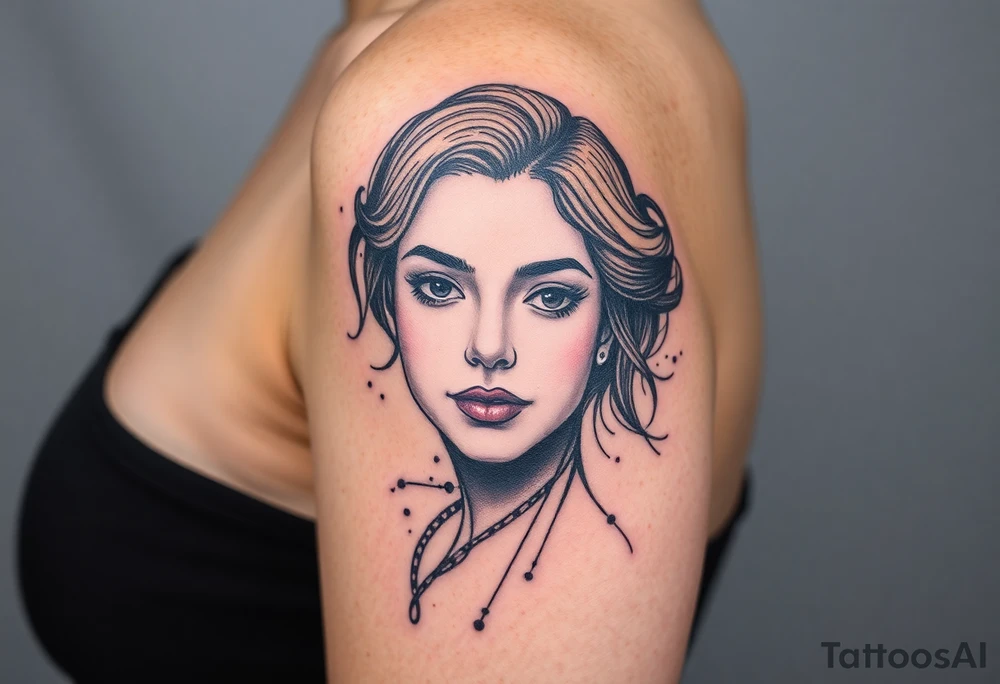 Desenhe uma tatuagem que simbolize uma mulher feminista de 41 anos, mãe de dois filhos homens, independente e filósofa inspirada nas teorias de Deleuze. A tatuagem deve expressar força, liberdade e conexão com a multiplicidade da vida, incorporando elementos abstratos e fluidos, com linhas que sugiram movimento e transformação contínua. Evite clichês e busque um design original e significativo. A tatuagem deve coobrir todo braço superior tattoo idea